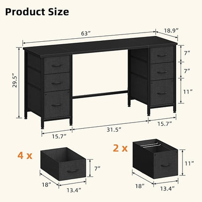 63'' Office Desk with 6 Fabric File Drawers - File Drawer Organization, Computer Work Desk, Study Writing Table, Home Office Workstation, Black