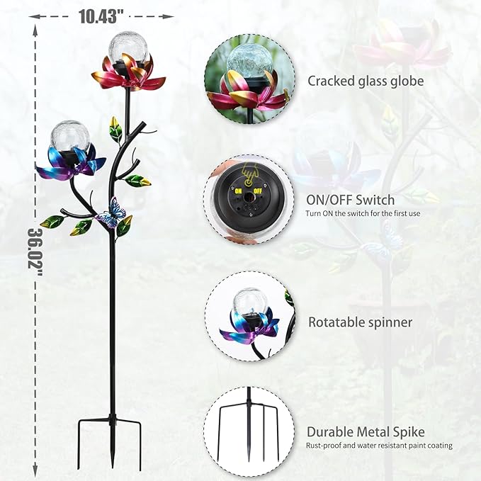 VCUTEKA Solar Garden Flowers with LED Light Crackle Glass Globe Solar Lights Outdoor Metal Stake Wind Spinner for Garden Decoration, Patio Decor, Yard Decor and Gift for Mother