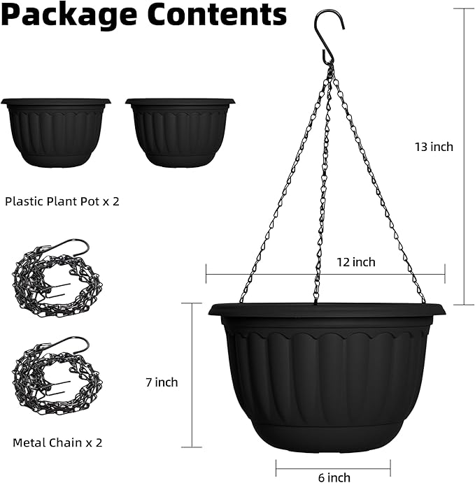 YIKUSH Planters for Outdoor Plants 2 Pack Black Plant Pots with Drainage Hole and Absorbing Tray Hanging Planters for Indoor Plants (12 inch, 3 Hooks)