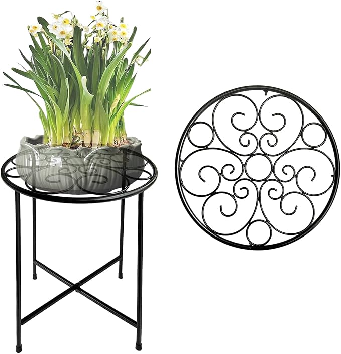 Plant Stand, 15'' Tall Indoor Outdoor Set of 1, Retro Design Round, Rust-Proof Coated Metal Pot Stand for Flowers, Patio Garden Home Decor - Black