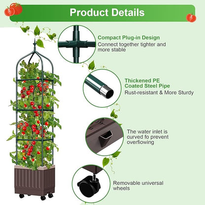 Raised Garden Bed Planter Boxes with Trellis,1pcs 70.9"Self-Watering Tomato Planter Boxes with Trellis for Climbing Vegetables Plants Flowers Tomato with Wheels,Use for Indoor Outdoor (Brown)