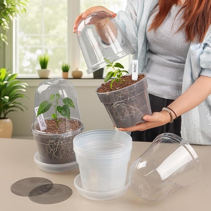 BTPLASTIK 6 Inch Clear Nursery Pots with Humidity Domes 15 Pack, Transparent Plastic Plant Pot with Drainage Holes and Saucers, Seed Starter Pots with 15 Pcs Plant Labels and 15 Pcs Soil Screens
