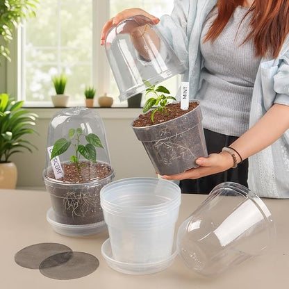 BTPLASTIK 6 Inch Clear Nursery Pots with Humidity Domes 15 Pack, Transparent Plastic Plant Pot with Drainage Holes and Saucers, Seed Starter Pots with 15 Pcs Plant Labels and 15 Pcs Soil Screens