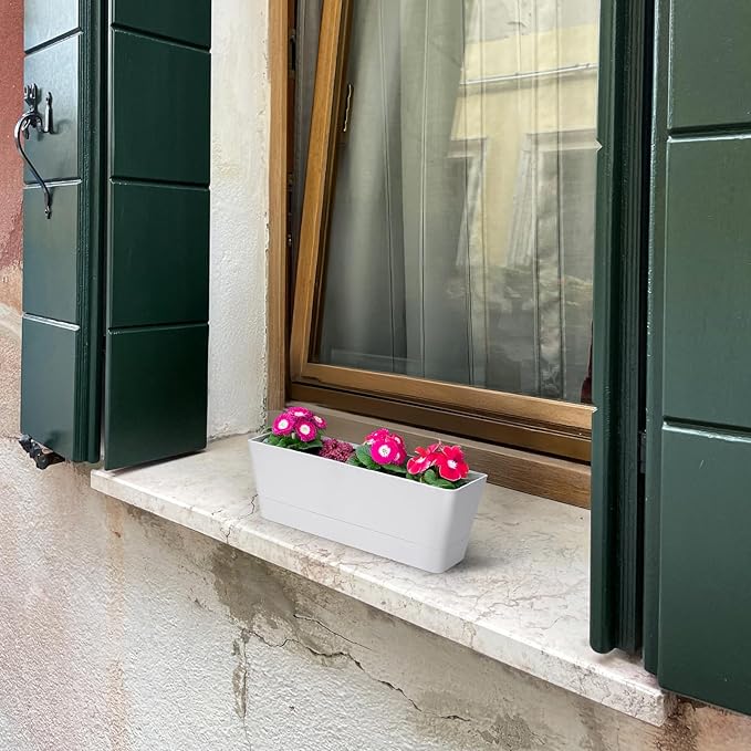 GREANER 12x3.8 Inch Herb Planters, 6 Pack White Rectangle Window Boxes with Tray, Indoor Succulent Cactus Mint Plastic Pot with Saucer for Windowsill, Balcony, Office, Outdoor Garden