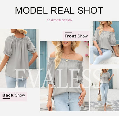 EVALESS Womens Tops Off The Shoulder Blouses for Women Dressy Casual Cute Puff Sleeve T Shirts Fashion 2026