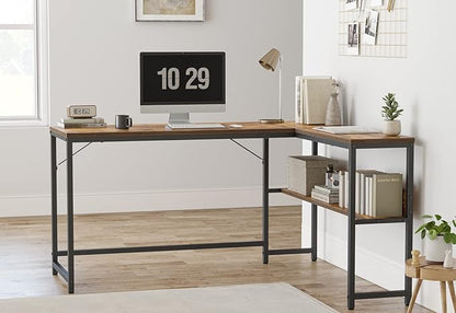 BANTI L Shaped Desk, 55.1 inch Corner Computer Desk with Storage Shelves, Study Writing Table Workstation with Open Shelves for Home Office, Brown