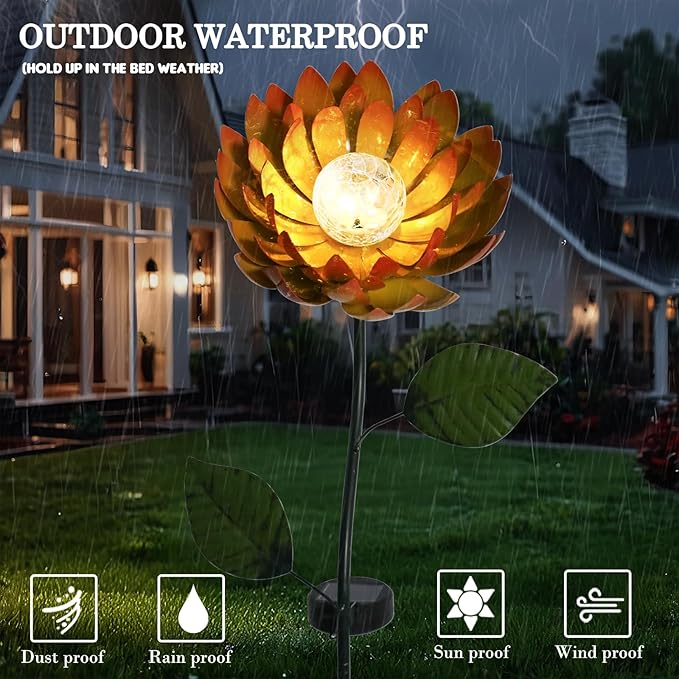 VCUTEKA Solar Garden Lights Metal Flower Decor Colorful Yellow Flowers Solar Pathway Light with LED Cracked Crystal Ball Outdoor Decorative Stake for Patio Yard Lawn