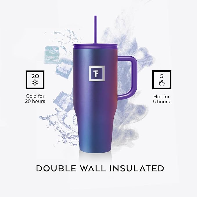 IRON °FLASK 32 oz Co-Pilot Insulated Travel Mug | Insulated Travel Mug with Straw & Flip Cap Lids - Cup Holder Fit, Leakproof, BPA Free (Aurora)