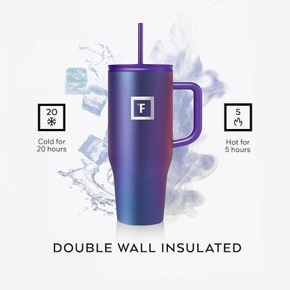 IRON °FLASK 32 oz Co-Pilot Insulated Travel Mug | Insulated Travel Mug with Straw & Flip Cap Lids - Cup Holder Fit, Leakproof, BPA Free (Aurora)