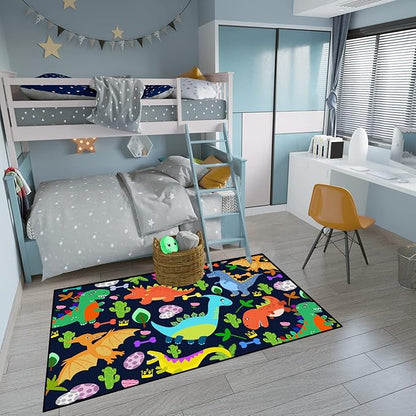 Dinosaur Rug for Boys Room Cartoon Dinosaur Area Rugs Kids Rug Dinosaur Rug Kids Play Rug Dinosaur Play Rug for Bedroom and Kidroom Playing Room,Dark Blue 3'×4'