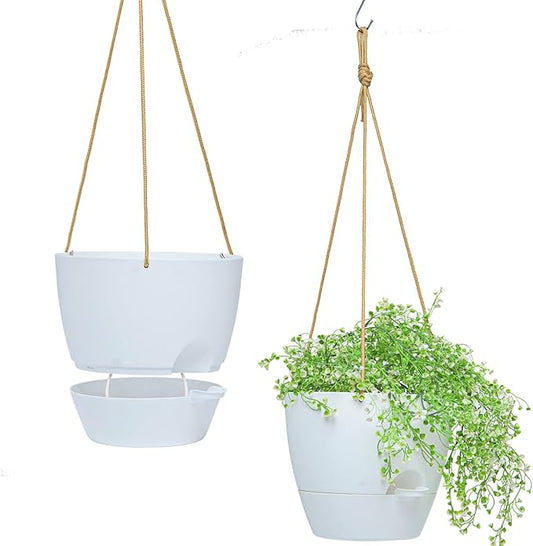 10 Inch Self Watering Hanging Pots, 2 Pack Hanging Planters with 40oZ Deep Reservior for Indoor Outdoor Plants Flowers, White