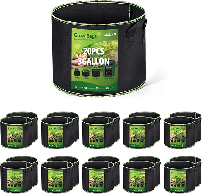 Delxo 20-Pack 3 Gallon Grow Bags Heavy Duty Aeration Fabric Pots Thickened Nonwoven Fabric Pots Plant Grow Bags