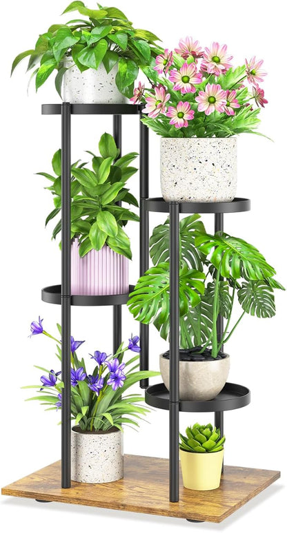 iDavosic.ly 4 Tier Plant Stand Indoor Outdoor, Tiered Corner Multiple Flower Pot Holder Shelf, Metal 30 Inch Tall Display Rack for Patio Porch Living Room Garden Balcony, Modern Black & Rustic Brown