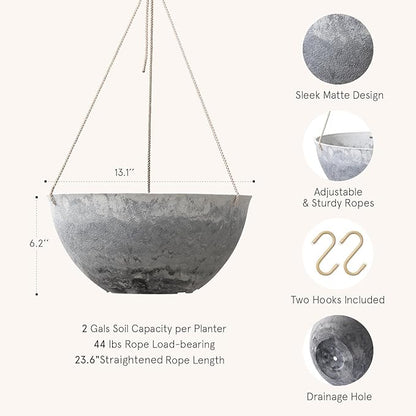 LA JOLIE MUSE Large Hanging Planters for Indoor Outdoor Plants, Hanging Flower Pots Marble Pattern (13.2 Inch,Set of 2)