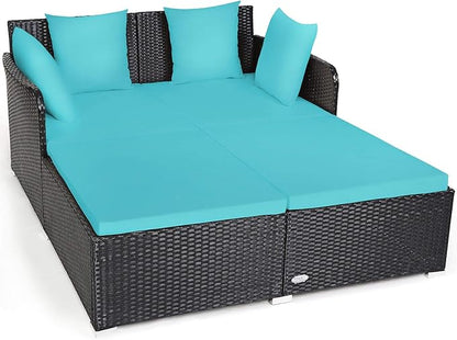 Tangkula Outdoor Rattan Daybed, Sunbed Wicker Furniture w/Spacious Seat, Upholstered Cushion & High-Resilience Sponge, Wicker Patio Sofa Set w/Extra Pillows for Courtyard Poolside(Turquoise)