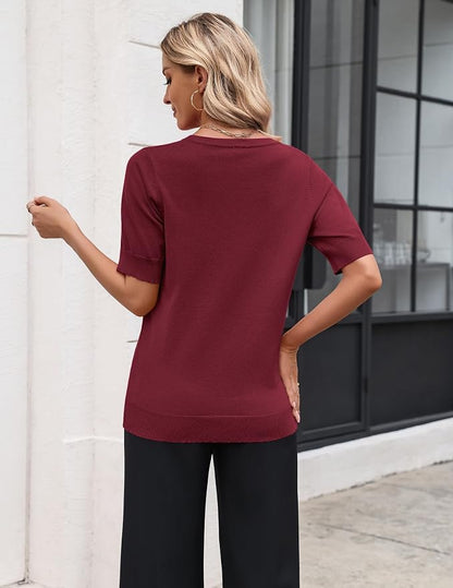 Zeagoo Women's Short Sleeve Sweater 2026 Spring Summer Tops Lightweight Casual V Neck Sweaters Dressy Work Blouses Clothes