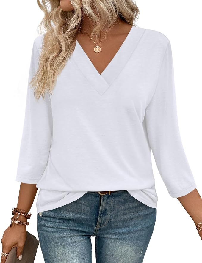 WIHOLL Womens Tops 3/4 Length Sleeve V Neck Casual Tunic Tops Basic Shirts Loose Fit Blouse