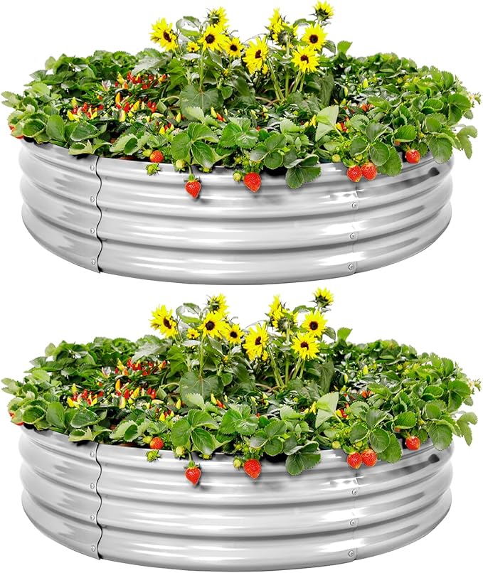Land Guard Galvanized Raised Garden Bed 2Pcs, Planter Raised Garden Beds Outdoor, Round Clearance Raised Garden Beds for Gardening Vegetables 4x4x1ft……