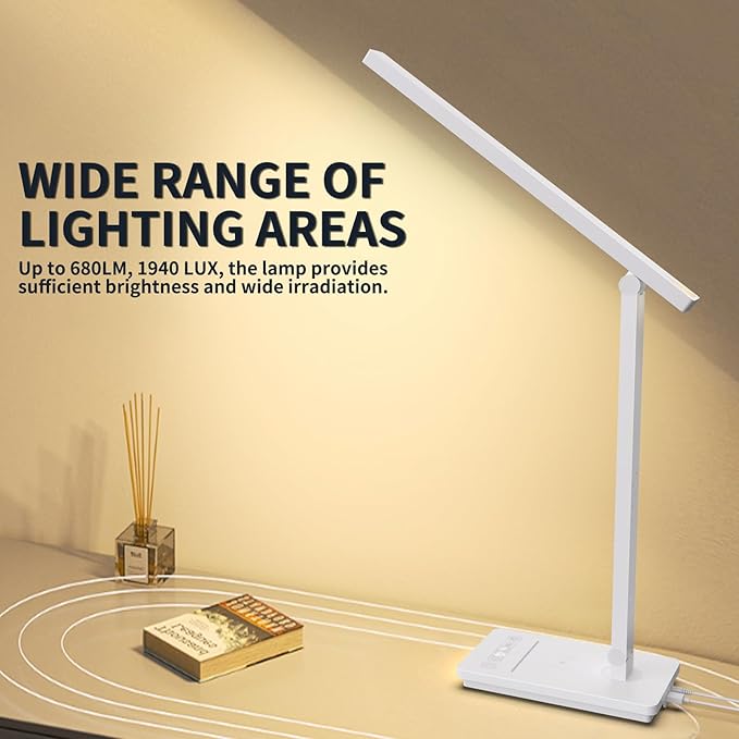 10 in 1 Smart Led Desk Lamp, Desk Table Lamp for Home Office, Eye-Caring Office Lamp with Night Lights, Lamp for Desk with 10W Wireless Charger, Dimmable Touch Lamp for Bedroom Reading Study Work