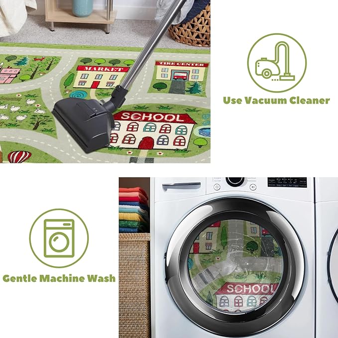 LIVEBOX Green Kids Playroom Rug, 5'x7' Washable Road Rug for Kids Room, Non-Slip Soft Car Rug Play Mat for Baby Nursery, Large City Traffic Rug Classroom for Boys Girls Dorm Toy Room Tent