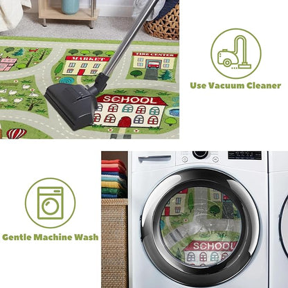 LIVEBOX Green Kids Playroom Rug, 5'x7' Washable Road Rug for Kids Room, Non-Slip Soft Car Rug Play Mat for Baby Nursery, Large City Traffic Rug Classroom for Boys Girls Dorm Toy Room Tent