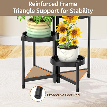 LASZOLA 4 Tiered Folding Plant Stand Indoor for Multiple Large Planter, Tall Heavy Duty Adjustable Rack with Rust Proof Plastic Shelving, Sturdy Vertical Tree Organizer for Narrow Inside Floor, Black
