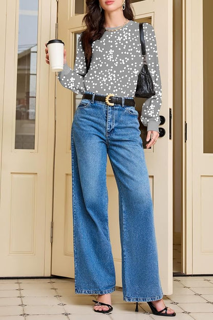 EVALESS Womens Crewneck Long Sleeve Tops Casual Polka Dots Tops Fall 2026 Tshirts Shirts