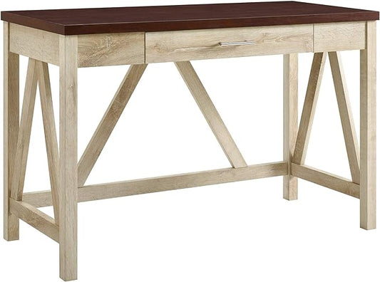 Walker Edison Rustic Farmhouse Wood Computer Writing Desk Home Office Workstation Small, 46 Inch, White Oak and Brown