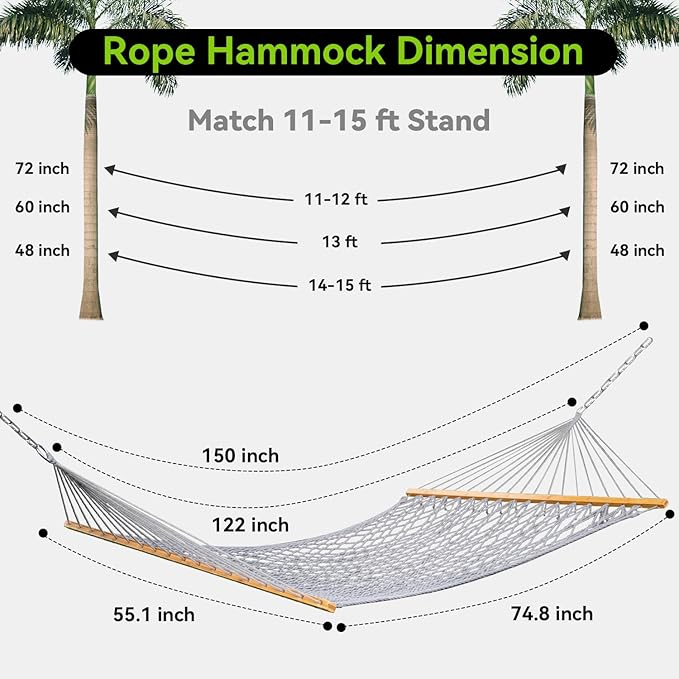 Double Hammock for 2 Person, Handwoven Rope Hammock with Spreader Bar Without Stand - Indoor & Outdoor Use for Patio, Poolside, Backyard (Grey)