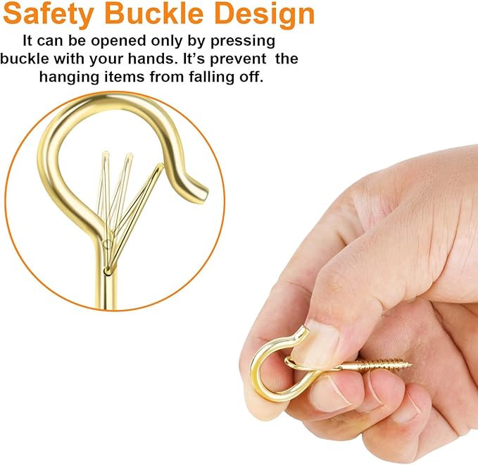 48 PCS Q-Hanger Hooks, Screw Hooks for Outdoor String Lights, Safety Buckle Design Cup Eye Hook for Hanging Christmas Lights, Plants, Mounted on Wall Ceiling, Include 1 Wing Nut Driver, Gold