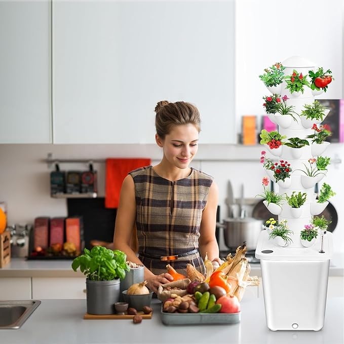 Vertical Hydroponic Tower Garden Growing System - Indoor Planter Kit with 30 Pods, Aeroponic-Style Tower for Herbs, Vegetables, Lettuce & Strawberries, Home Countertop Grow System, White