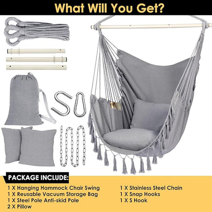 Y- STOP Hammock Chair Hanging Rope Swing, Max 500 Lbs, 2 Cushions Included, Large Macrame Hanging Chair with Pocket for Superior Comfort, with Hardware Kit (Light Grey)
