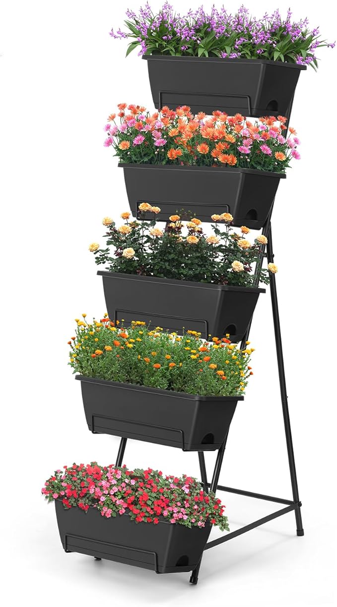 5 Tier Vertical Raised Garden Bed Planter Box, Vertical Raised Bed with Drainage Holes for Indoor Outdoor Herbs Flowers Vegetables Plants, Grey