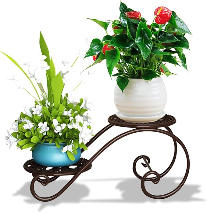 2 Tier Golden Plant Stand for Indoors, Beautiful Appearance And Cute Shape. Brown 1 Pcs