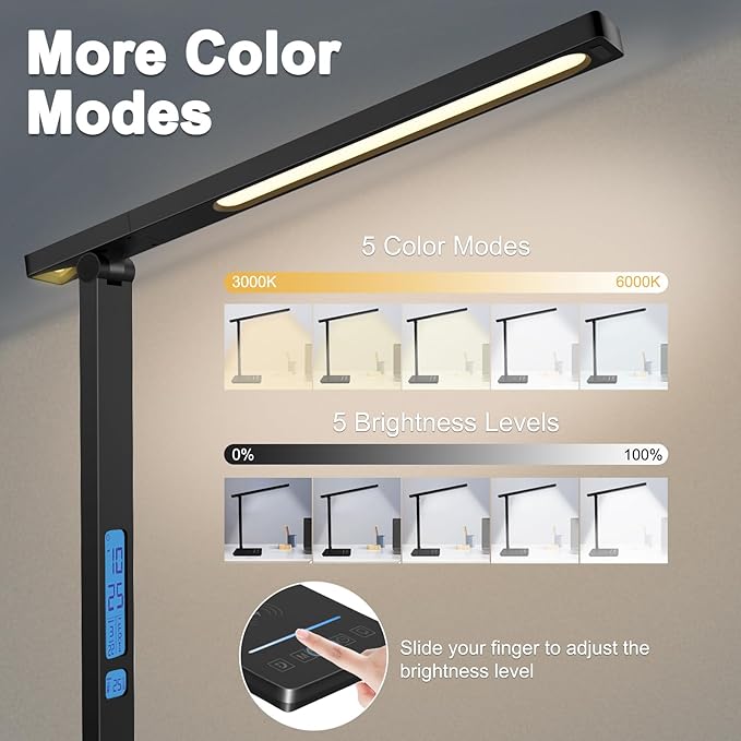 10 in 1 Smart Desk Lamp, Desk Table Lamp for Office, Eye-Caring Office Lamp with Night Light, Lamp for Desk with 10W Wireless Charger, Dimmable Touch Lamp for Home College Dorm Reading Study Work Room