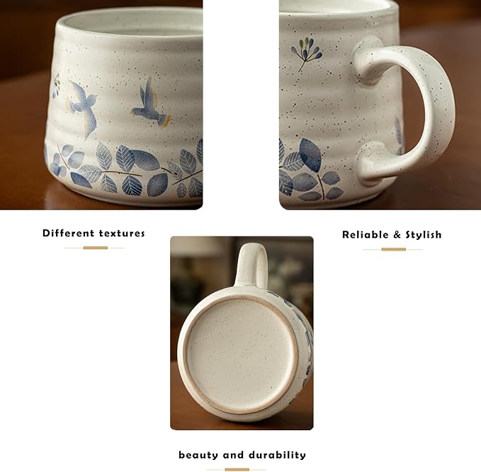 Ceramic Coffee Mug, 13oz Floral Design Pottery cute mugs, Ideal Gift for Women unique vintage pretty coffee mugs (Bluebell Mug)