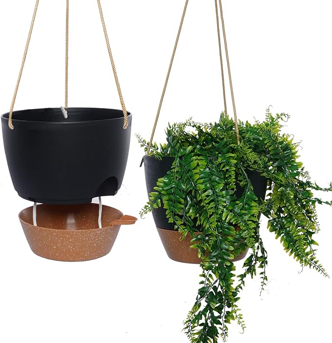 10 Inch Self Watering Hanging Pots, 2 Pack Hanging Planters with 40oZ Deep Reservior for Indoor Outdoor Plants Flowers, Black with Brown