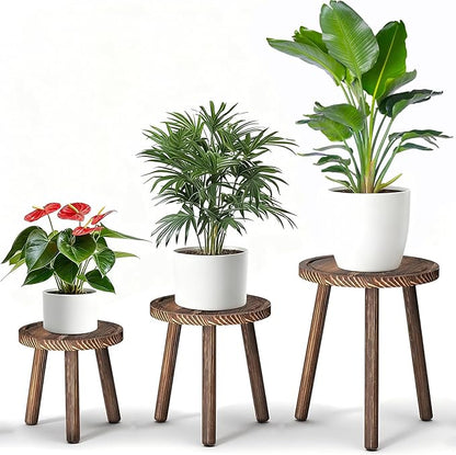 3 Pack Plant Stand Indoor Outdoor Mid-Century Modern Plant Stool Wooden Plant Pot Holder Home Decor for Gardening Living Room,Balcony,Office (Heavy Burnt Color, 3 Pack)