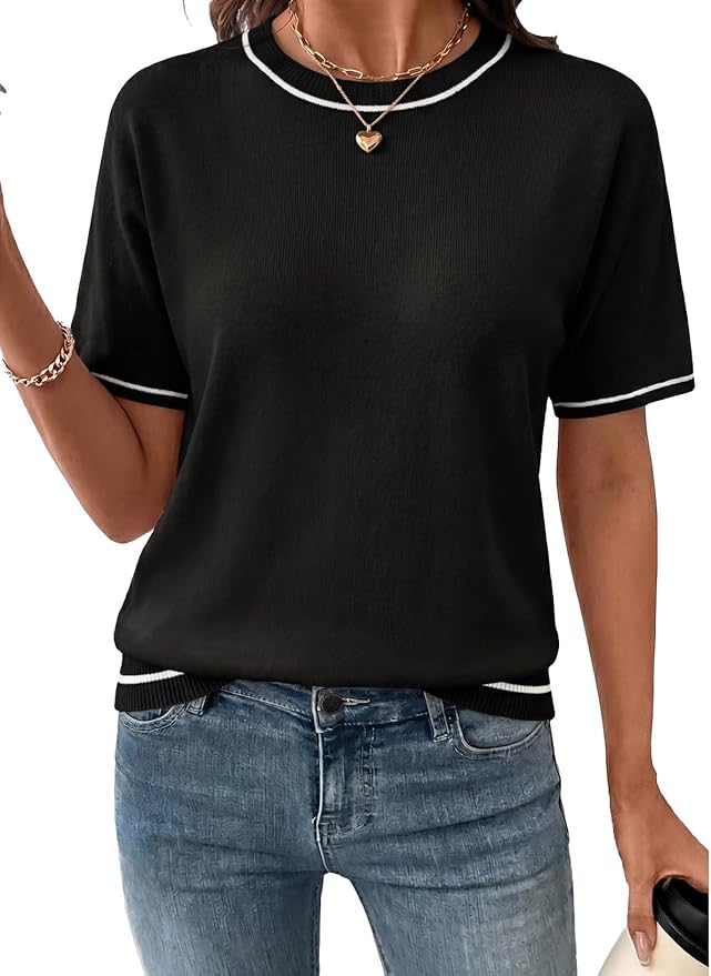 SHEWIN Womens Tops Trendy Short Sleeve Shirts Crewneck Lightweight Knit Sweater Top Business Casual Outfits
