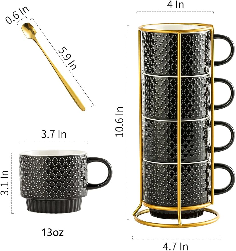 Gomakren Coffee Mugs Set of 4, 13oz Stackable Coffee Cups with Stand, Black | Gloss Embossed Stoneware, Gold Rack & Spoons | for Coffee, Milk, Tea, Cocoa, Daily & Gifting Use | Microwave/Dishwasher Safe