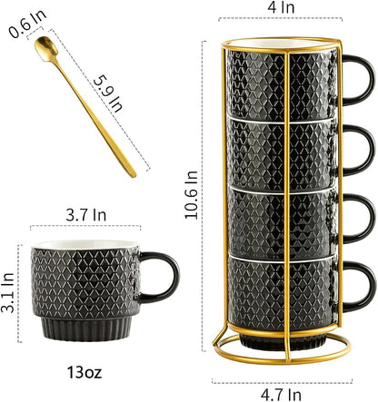 Gomakren Coffee Mugs Set of 4, 13oz Stackable Coffee Cups with Stand, Black | Gloss Embossed Stoneware, Gold Rack & Spoons | for Coffee, Milk, Tea, Cocoa, Daily & Gifting Use | Microwave/Dishwasher Safe