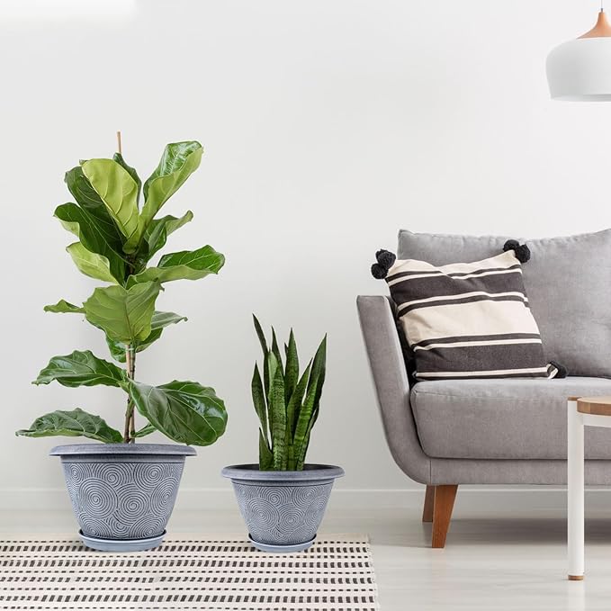 10 Inch Flower Pots Planters for Indoor Outdoor Plants, 3 Pack Plastic Large Plant Pots with Drainage Hole & Tray, Modern Decorative Garden Pot with Saucer, Plant Container for House