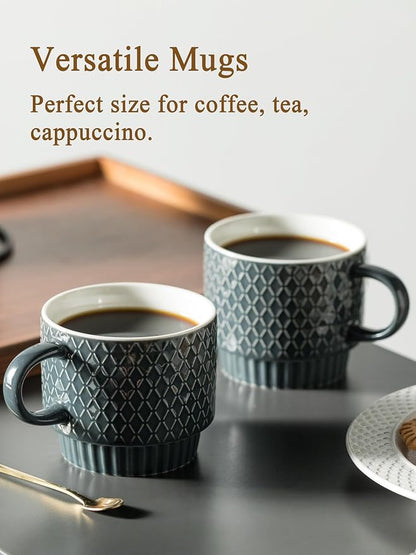 Gomakren Coffee Mugs Set of 4, 13oz Stackable Coffee Cup with Stand, Grey | Stackable Space-Saving, with 4 Spoons | Textured Grey Grid Stoneware Dishwasher Safe, for Coffee Milk Tea Cocoa & Gifting Use