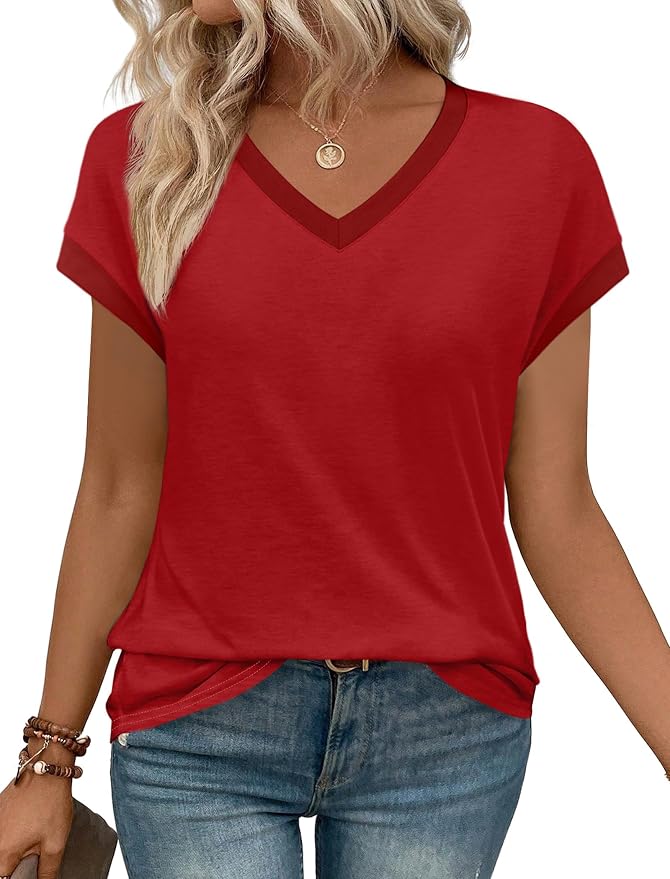 WIHOLL Womens Summer Tops 2026 Cap Short Sleeve Shirs V Neck T Shirts Fashion Beach Vacation Clothes Color Block