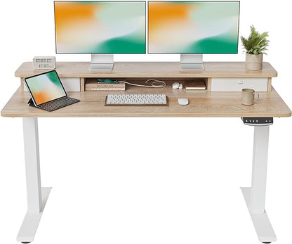 FEZIBO 55 x 24 Inch Height Adjustable Electric Standing Desk with Double Drawer, Stand Up Desk with Storage Shelf, Sit Stand Desk, Maple