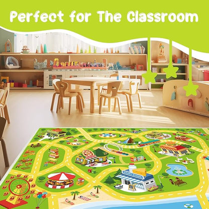 Kids Carpet Kids Car Rug Play Mat for Playroom- 78"x 118" Non Slip Washable Kids Road Rug for Kids- Kids Educational Rug Great for Toddler Classroom Boys Girls Bedroom Decor(Green)
