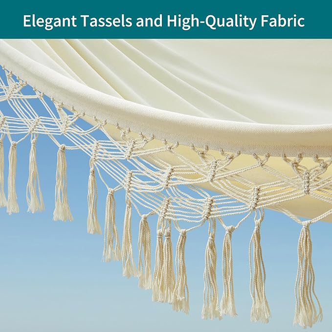 JoyView Boho Macrame Double Hammock with Hanging Ropes & Elegant Tassels 86.6x59 Portable Cotton Hammock for Patio Backyard Porch 450LBS Weight Capacity Perfect for Outdoor/Indoor - Beige Color