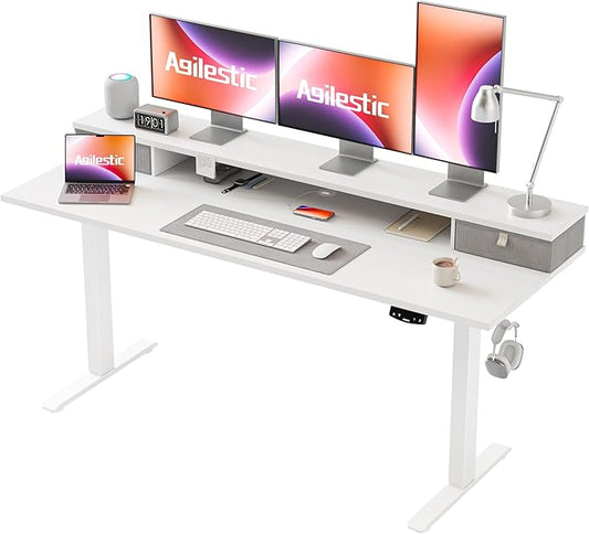 63 x 24 Inches Electric Standing Desk with 2 Storage Drawers, Stand Up Desk Adjustable Height, Sit and Stand Computer Table with Splice Board, White