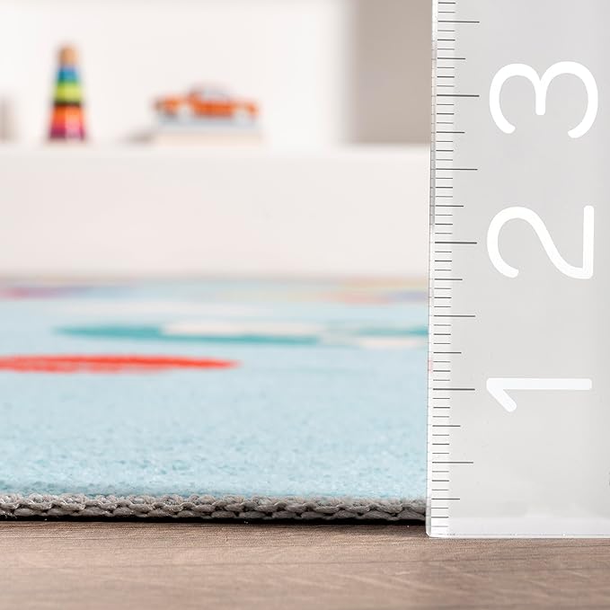 nuLOOM Eddie Outer Space Machine Washable Kids Ultra Thin Area Rug, 7' x 9', Light Blue Multi