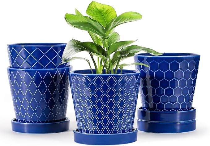 EFISPSS Ceramic Plant Pots, 5Inch Pots for Indoor Plants, Planters with Drainage Holes and Ceramic Tray,Plant Lover Gift, Desktop Office Windowsill Decoration Gift Set of 4 - Blue